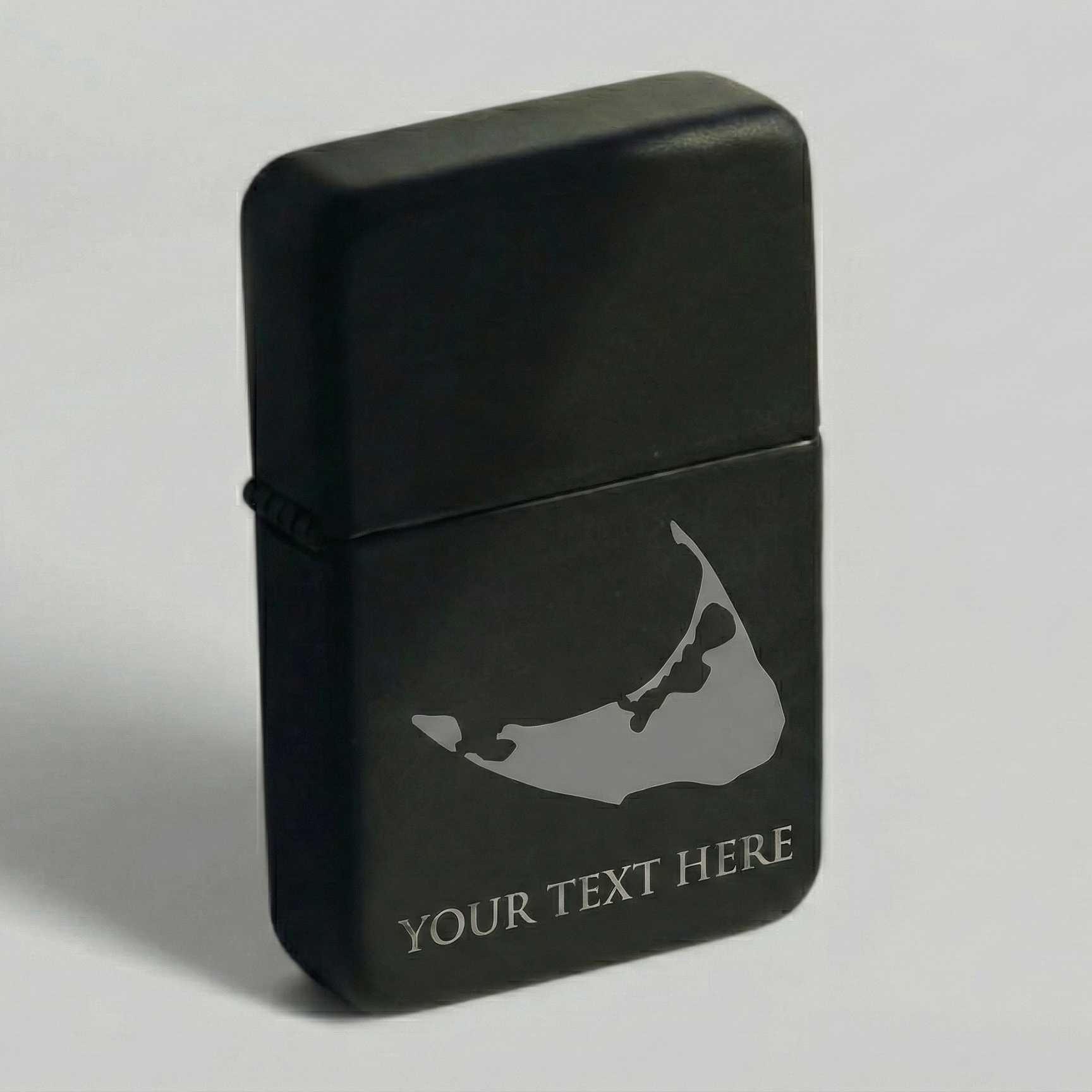 Black zippo lighter with a design and 'Your Text Here' text on a light gray background